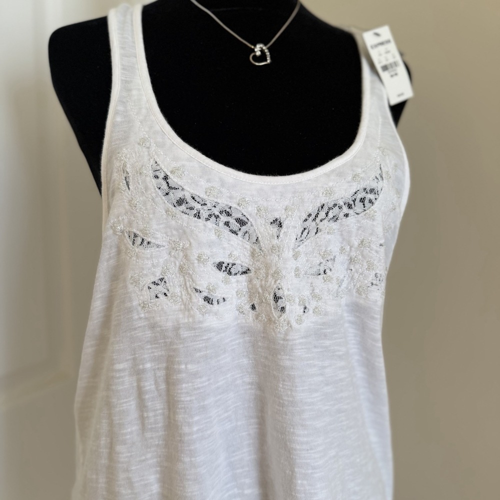 Express Lace White Racerback Tank Top Womens (M) Beaded Trim Floral Cotton Y2K - Picture 2 of 4